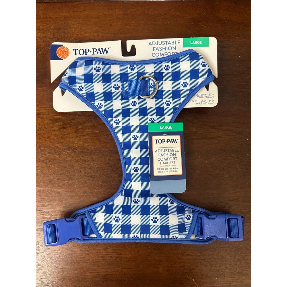 Top Paw Dog Harness Large Blue White Gingham Check Paw Print Adjustable NWT